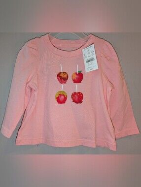 🆕 Crewcuts Pink Long-Sleeve Tee with Apple Candy Graphic Baby Girls 6-12 Months